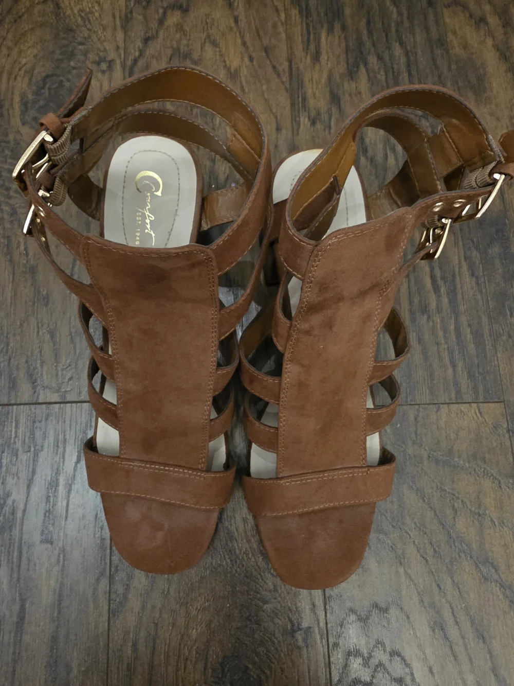 Comfort Est. 1946 Suede Brown Block Heel Sandal with Double Buckle Straps